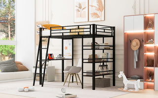 Loft Metal Bed With 3 Layers Of Shelves And Desk, Stylish Metal Frame Bed With board