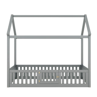 Wood House Bed With Fence And Door