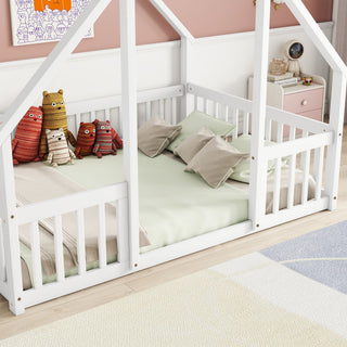 Wood House-Shaped Floor Bed With Fence, Guardrails