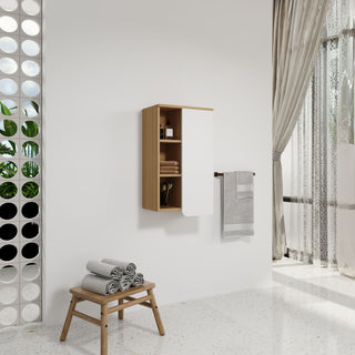 Wall Mounted Bathroom Side Cabinet, Single Door With 3 Tier Open Shelves - Black / Light Oak / White