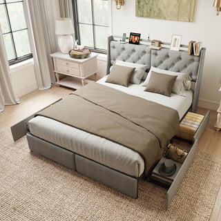 Queen Platform Bed Frame With RGB LED & Charging Station, Storage Headboard - Gray