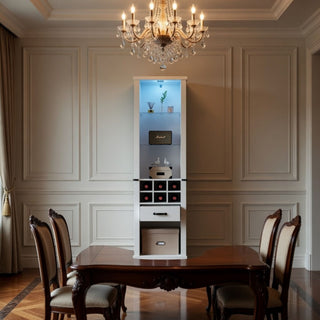 Pantry Cabinet With LED Lights, Wine Rack, Tempered Glass Shelves, And Barn Door Design - White