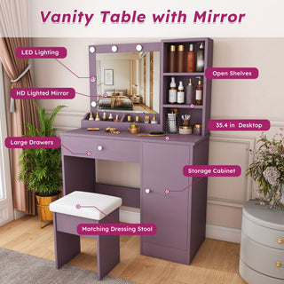 Vanity Desk Set With Padded Stool And Adjustable LED Mirror, 3 Color Light Modes - Purple