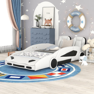 Race Car Shaped Twin Platform Bed With Wheels, Pine Wood Construction