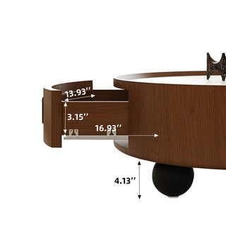 Round Coffee Table With Ball Feet, Pull Handle Storage Drawer - Bouguer Walnut / Brown