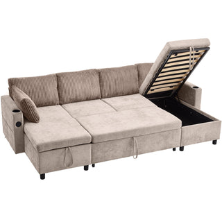 Sectional Sofa Bed With Pull Out Sleeper, USB Ports, Cup Holders