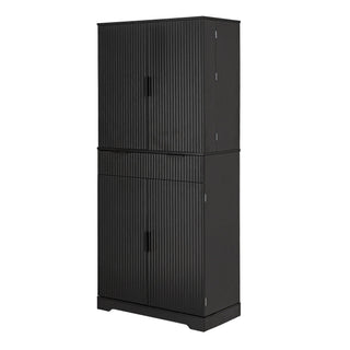 Fluted Kitchen Pantry Cabinet With 3 Keyboard Drawers & 6 Adjustable Door Shelves