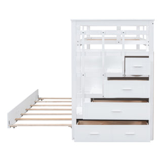Twin Over Twin Bunk Bed With Trundle And Staircase - White