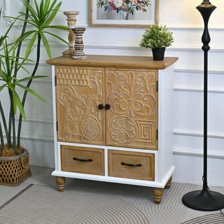 Accent Flower Carved Door Sideboard Cabinet With 2 Drawers For Kitchen - Natural Wood Wash / White