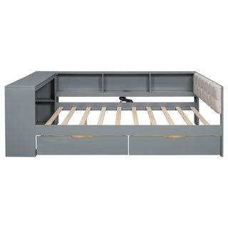 Upholstered Headboard Platform Bed With Storage Shelves, Drawers, Charging Station
