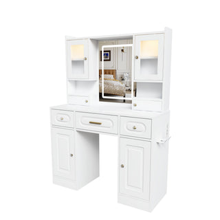 Large Vanity Table Set With Mirror, 6 Drawers & Shelves, Power Socket, Hair Dryer Holder, Cabinet Light, Dressing Desk - White