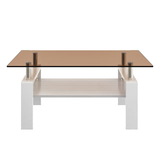 Modern Rectangular Coffee Table With Tempered Transparent Glass Top And Storage Shelf