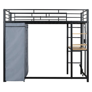 Loft Bed With Desk, Shelves, Power Outlet, LED Light And Wardrobe