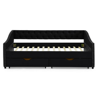 Upholstered Tufted Daybed With 2 Drawers, Waved Arms