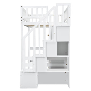 Loft Bed With Built In L Shaped Desk, LED Lights, Storage Shelves, Cabinets, And Staircase