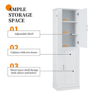 Tall Freestanding Bathroom Storage Cabinet With Adjustable Shelves And Side Hooks