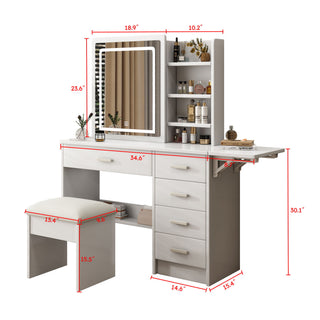 Fashion Vanity Desk With Mirror And Lights For Makeup, 5 Drawers, Adjustable Lighting - White