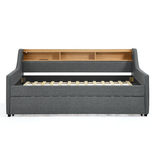 Upholstered Sofa Bed With LED Lights, Storage Headboard, Foldable Trundle & Wireless Charging