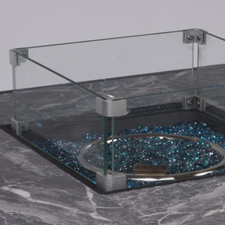 Morden Steel Fire Pit Table With Marble Tile Tabletop, Glass Wind Guard And Lid