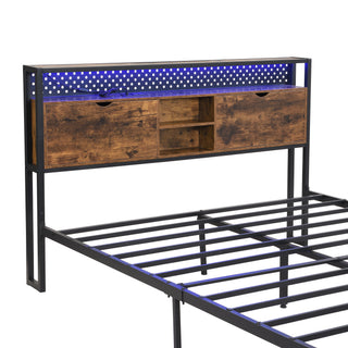 Modern Metal Platform Bed Frame With Wooden Headboard, USB Charging Station, Storage Drawers