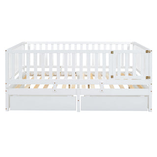 Daybed With Fence Guardrails And 2 Drawers, Split Into Independent Floor Bed & Daybed