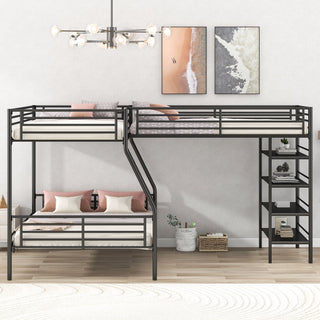 L-Shaped Twin Over Full Bunk Bed And Twin Loft Bed With 4 Built In Shelves - Black