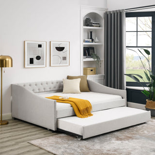Upholstered Tufted Daybed With Drawers, Waved Arms