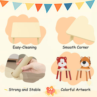 Table And 2 Chairs Set, Activity Play Table Set With Bear & Tiger Design - Natural