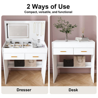 Flip Top Vanity Desk With LED Mirror & Outlet Makeup Table With 2 Drawers, Open Storage, And Jewelry Hooks - White