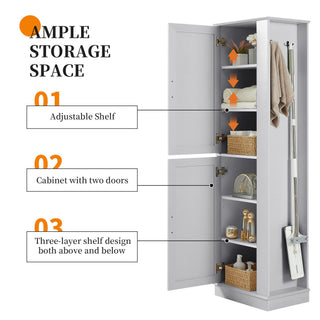 Tall Freestanding Bathroom Storage Cabinet With Adjustable Shelves And Side Hooks