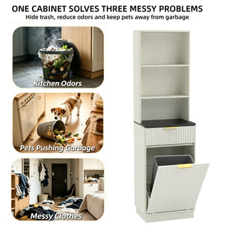 Tall Narrow Fluted Storage Cabinet With Trash Bin Compartment For Kitchen (Trash Can Not Included)