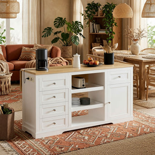Drop Leaf Kitchen Island With Storage, Power Outlet & Pet Bowl Drawer - White / Light Oak