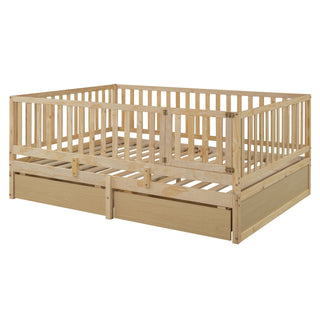 Daybed With Fence Guardrails And 2 Drawers, Split Into Independent Floor Bed & Daybed