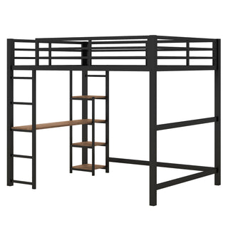 Loft Bed With Built In Desk And Storage Shelves, Full Size - Black