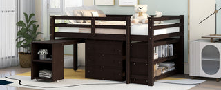 Loft Low Study Bed With Cabinet, Shelves And Rolling Portable Desk, Multiple Functions