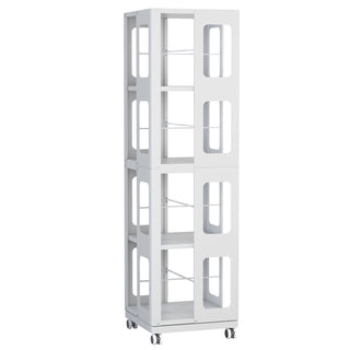 4 Tier All Steel Rotating Bookshelf With 360° Wheels, Large Size Sturdy & Spacious Book Rack, New Style Bookshelf - White