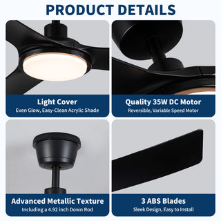 All Weather Outdoor Waterproof Ceiling Fan With Light And Quiet Motor For Patio Porch - Black