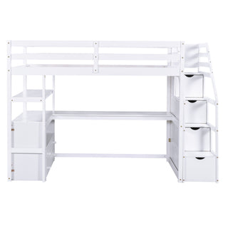 Loft Bed With Desk, Shelves, 2 Drawers, Storage Staircase