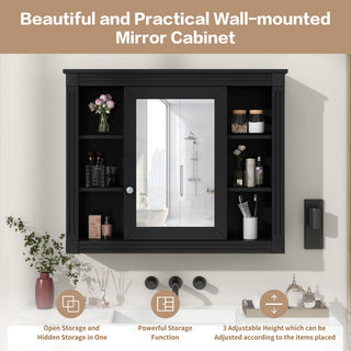 Wall-Mounted Bathroom Storage Cabinet With Mirror, 6 Open Shelves - Black