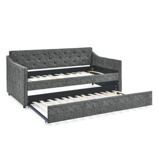 Twin Upholstered Daybed With Trundle, Waved Arms - Gray