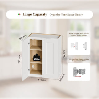 Shaker Wall Cabinet With Soft Close Hinges, Adjustable Shelves, Double Door