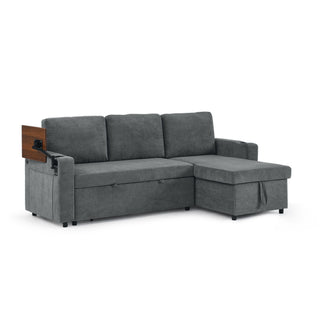 Multi Functional Pull Out Bed Sofa With Retractable Table, LED Lighting, USB Charging Ports & Cup Holders