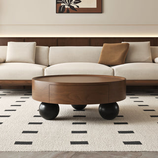 Round Coffee Table With Storage Drawer And Ball Feet - Walnut / Black