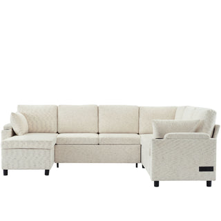 U-Shaped Sectional Sleeper Sofa With Ample Storage Space, 2 Cup Holders And Charging Ports For Living Room
