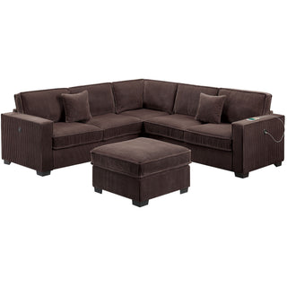 4 Piece Sectional Set With USB Ports, Left Arm Facing / Right Arm Facing Loveseat, Corner Wedge, Cocktail Ottoman, 2 Pillows - Chocolate