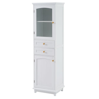Tall Bathroom Storage Cabinet With Glass Doors, Free-Standing, Two Drawers, And Adjustable Shelves, Board, Painted Perfect For Displaying Your Favorite Items