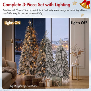 Snowy Cascading Christmas Trees 3 Piece Set With Warm LED Lighting, Flocked Weeping Branches, Multi Level Indoor Decor - Green