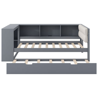 Upholstered Headboard Platform Bed With Storage Shelves, Trundle, Charging Station