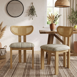 Striped Upholstered Rattan Back Dining Chairs (Set of 2)