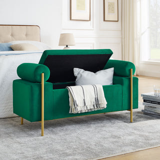 Elegant Upholstered Storage Bench With Cylindrical Arms And Iron Legs,